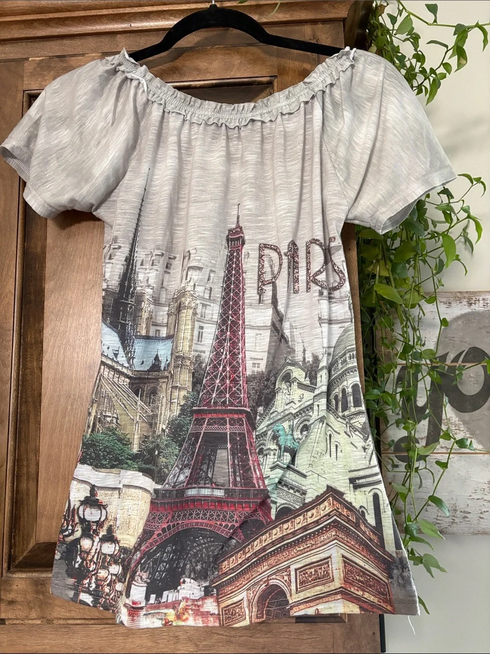 Gray Paris Skyline Off-Shoulder Tunic Top